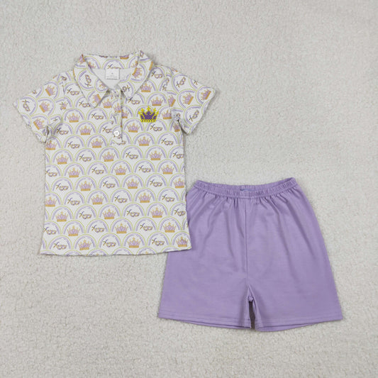 Baby Boys Kids Short Sleeves Embroidery Masks Polo Shirt Purple Shorts Mardi Gras Set RTS