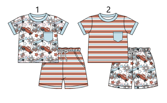 Baby Boy Short Sleeves July 4th Stars Flags Sibling Set ( Moq 5 Each Style ) 2.28
