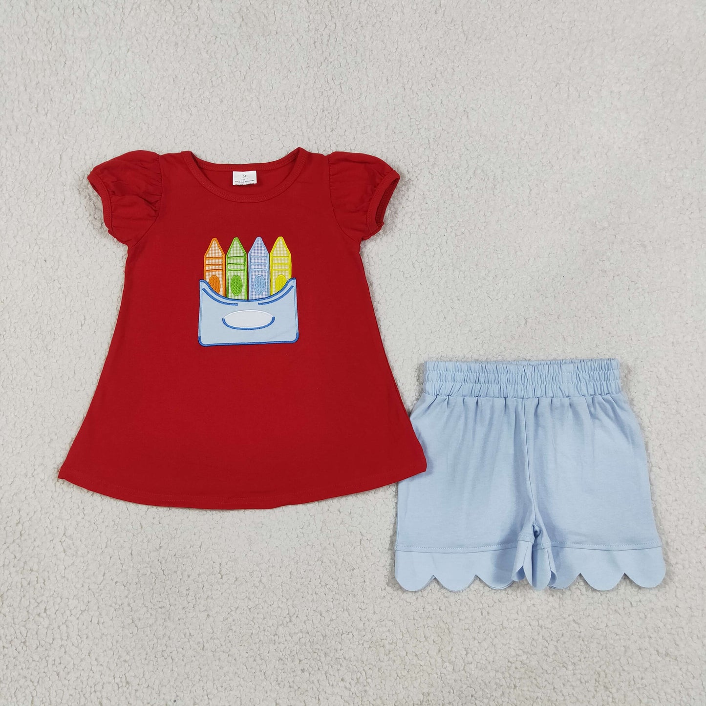 Baby Girls Kids Short Sleeves Pencil Red Shirt Scallop Shorts Back to School Set RTS