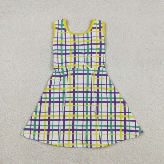Baby Girls Sleeveless Mardi Gras Plaid Yoga Shorts Knee Length Dress RTS