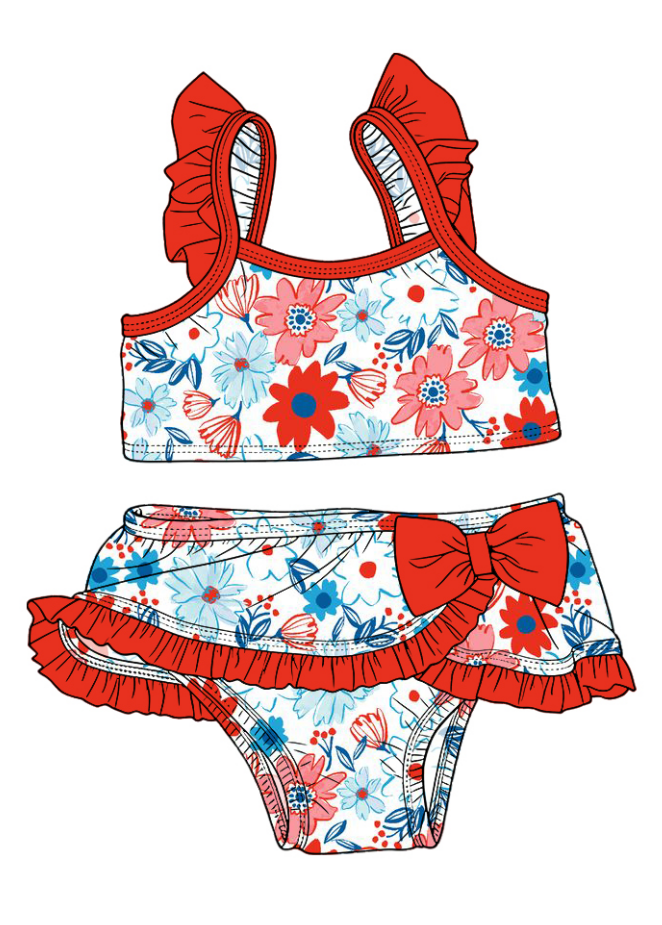 ( Moq 5 Each Style ) Sibling Baby Girls Kids Flower Tops Ruffle Shorts Sets 4th of July Swimsuits