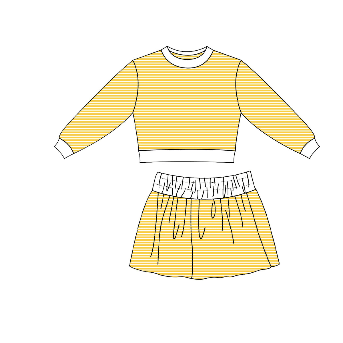 ( Moq 5 ) Preorder Baby Girls Kids Long Sleeves Yellow Stripes Shirt Skirt Shorts Set Yoga Active Clothes