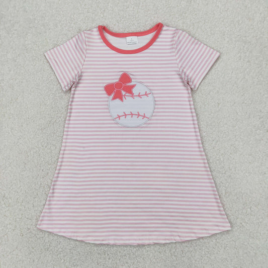 Baby Girl Short Sleeves Bow Baseball Pink Stripes Knee Length Dress RTS