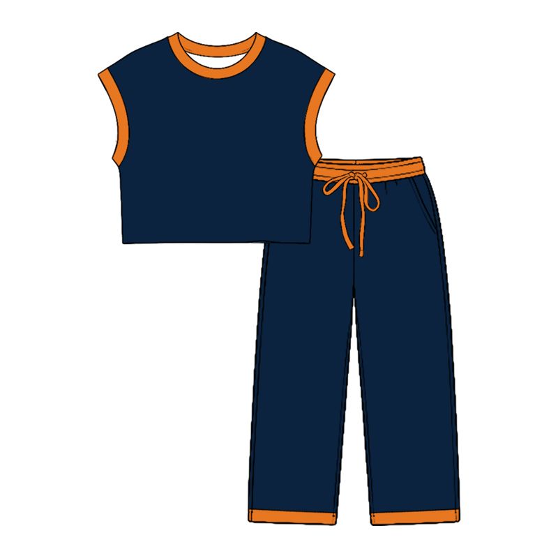 ( Moq 5 ) Preorder Baby Girls Kids Sleeveless Navy Shirt Tops Pockets Pants Cotton Set Clothes
