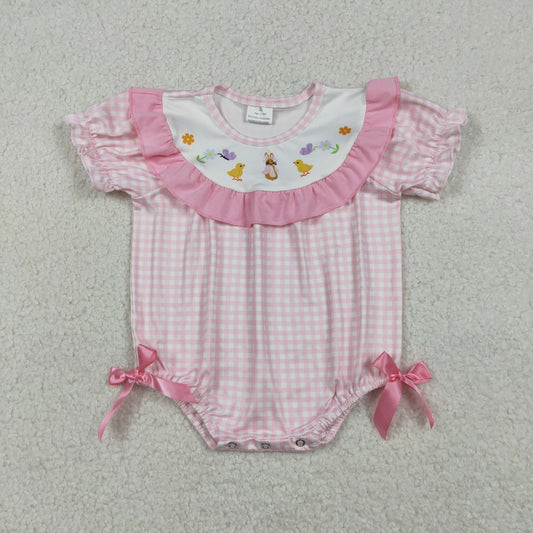 Baby Girls Infant Short Sleeves Chicks Rabbit Flower Pink Plaid Easter Romper RTS