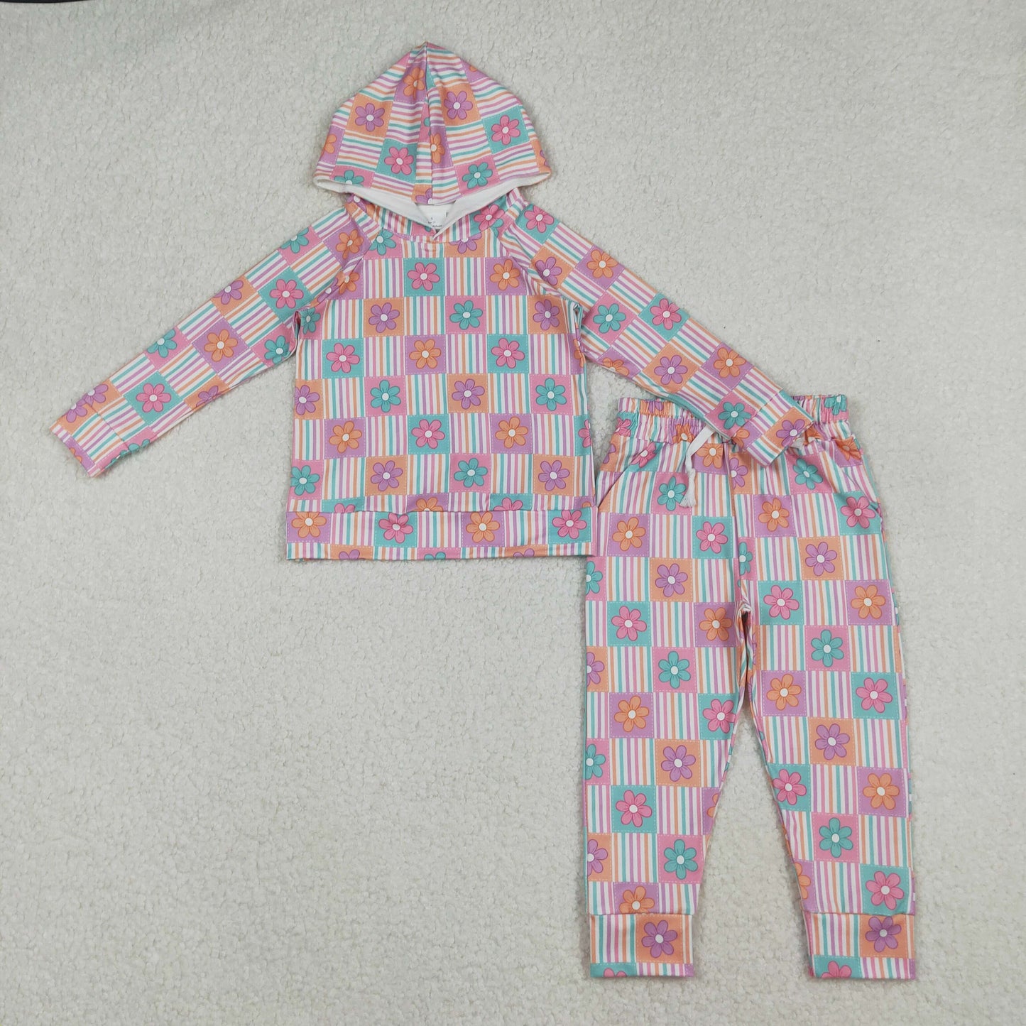 Girls Kids Long Sleeves Flower Stripes Hoodie Shirt Pockets Pants Clothes Set RTS