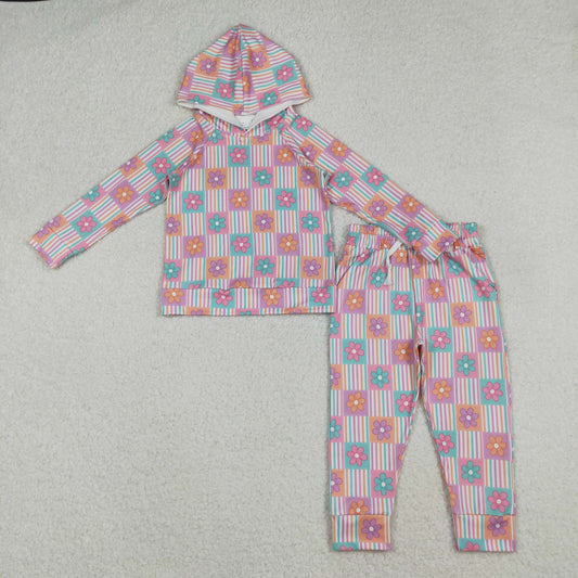 Girls Kids Long Sleeves Flower Stripes Hoodie Shirt Pockets Pants Clothes Set RTS