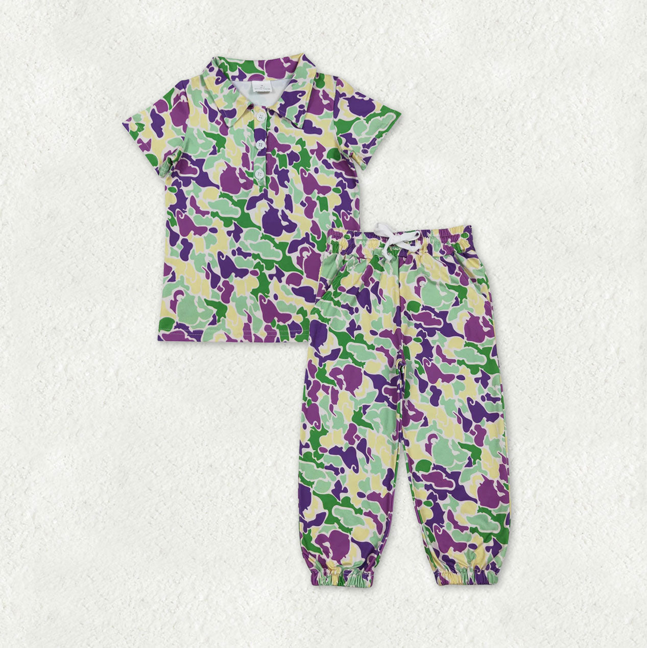 Baby Boys Short Sleeves Camo Buttons Shirt Pockets Jogger Pants Mardi Gras Clothes Set