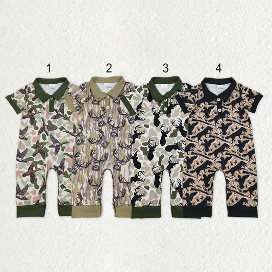 Sibling Baby Boys Short Sleeves Deer Dogs Ducks Camo Hunting Buttons Rompers Clothes RTS