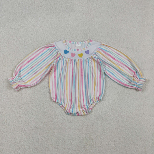 Baby Girl Long Sleeves Embroidery Hearts Stripes Valentine's Day Bubble Romper RTS
