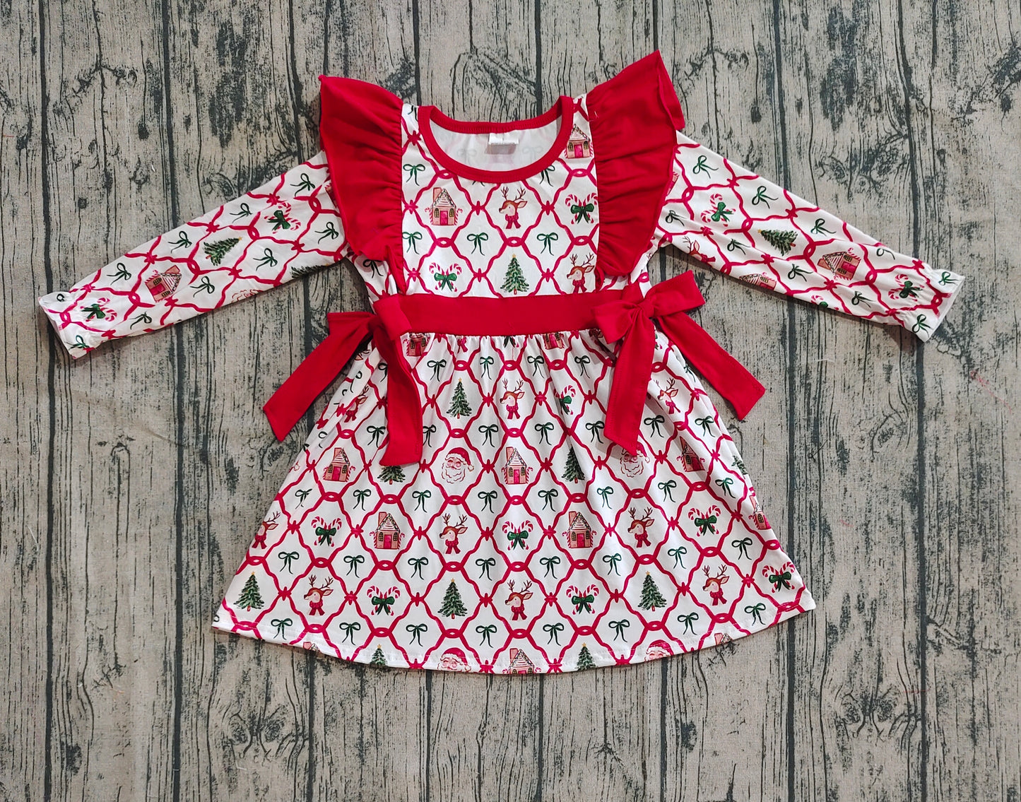Baby Girl Long Sleeves Christmas Santa Bows Knee Length Dress RTS