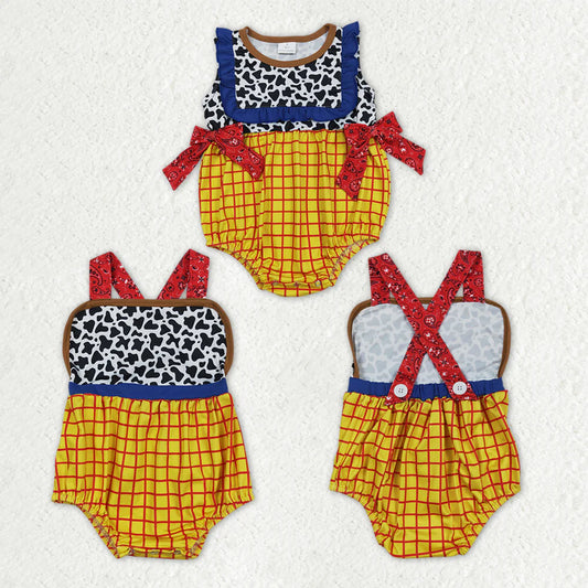 Sibling Baby Boys Girls Infant Cow Print Yellow Plaid Bubble Rompers RTS