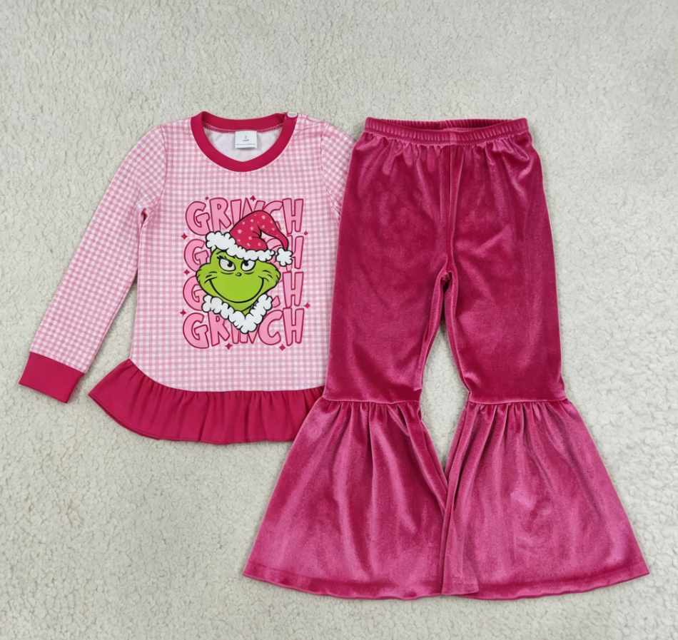 Baby Girls Kids Long Sleeves Green Face Shirt Velvet Pants Christmas Clothes Set RTS
