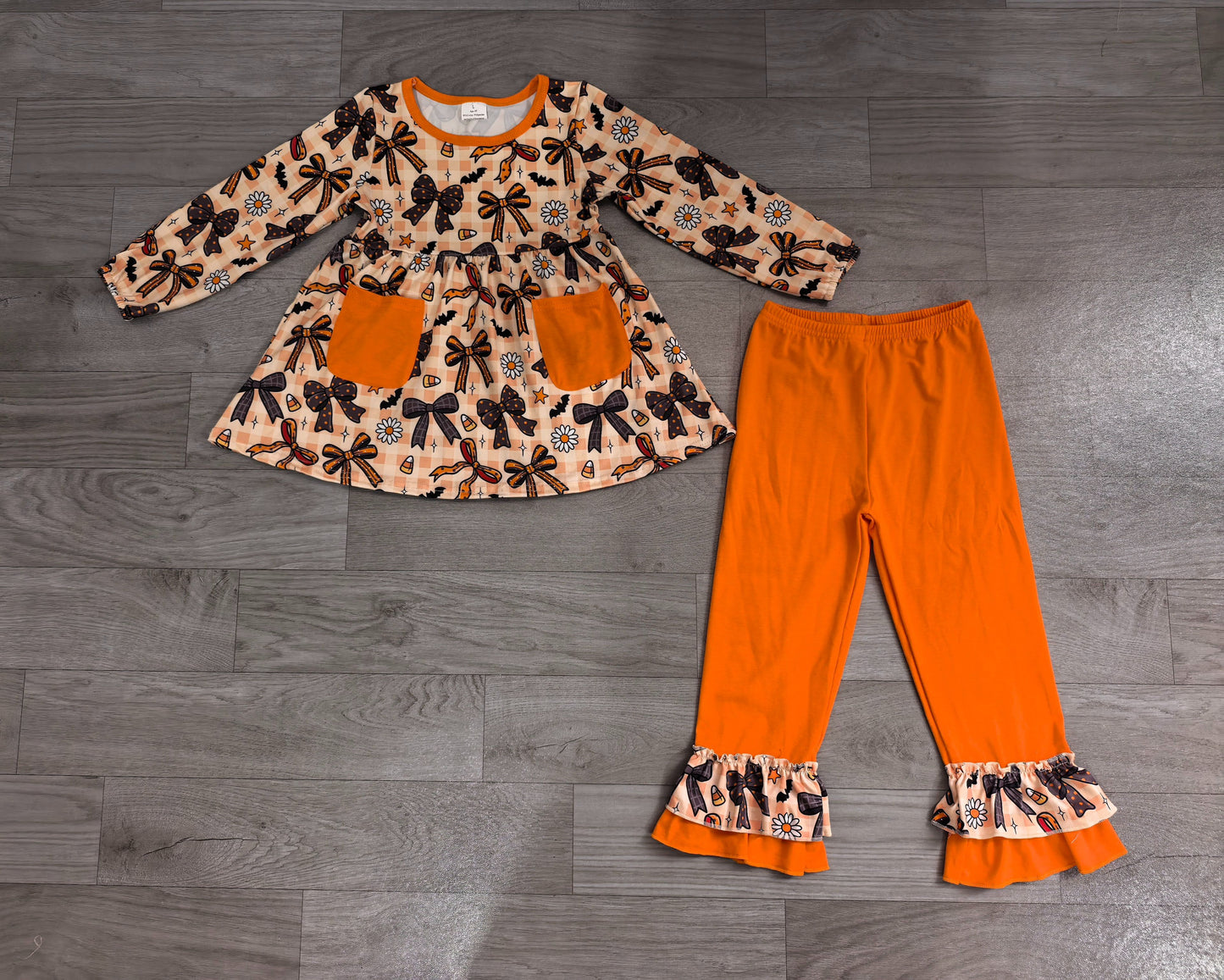 ( No moq ) Preorder Baby Girls Kids Bows Flower Candy Pockets Tunic Ruffle Pants Halloween Set Clothes