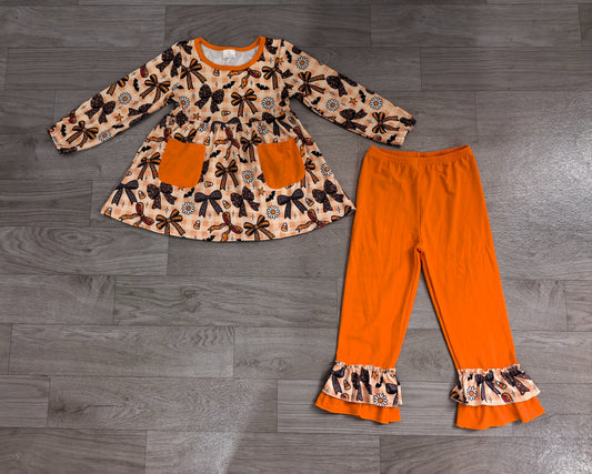 ( No moq ) Preorder Baby Girls Kids Bows Flower Candy Pockets Tunic Ruffle Pants Halloween Set Clothes