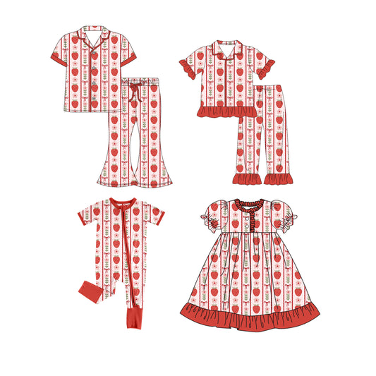 ( Moq 5 Each Style ) Baby Girl Adult Women Flower Bows Strawberry Sibling Valentine's Day Mommy And Me Family Romper Dress Set