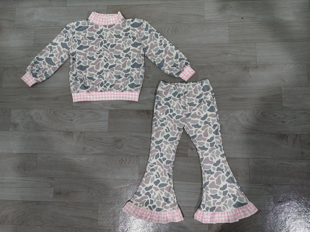 ( No moq ) Preorder Baby Girls Kids Long Sleeves Plaid Pullover Grey Camo Bell Pants Set Clothes