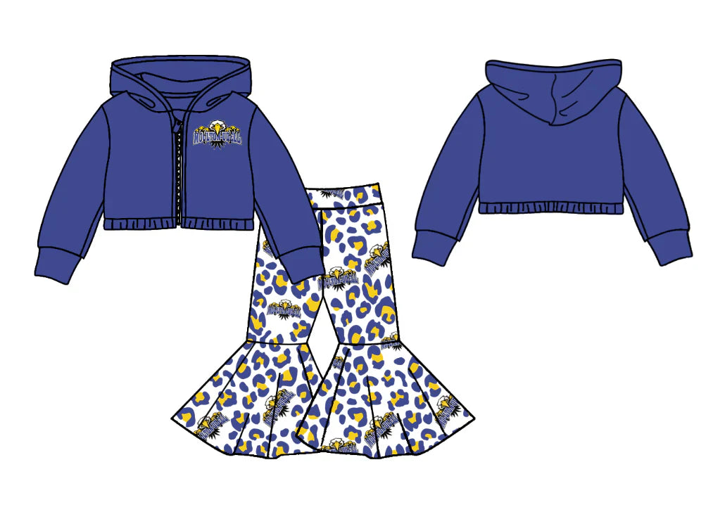 Baby Girl Long Sleeves Team Blue Hoodie Shirt Leopard Pants Clothes Set ( Moq 5 )