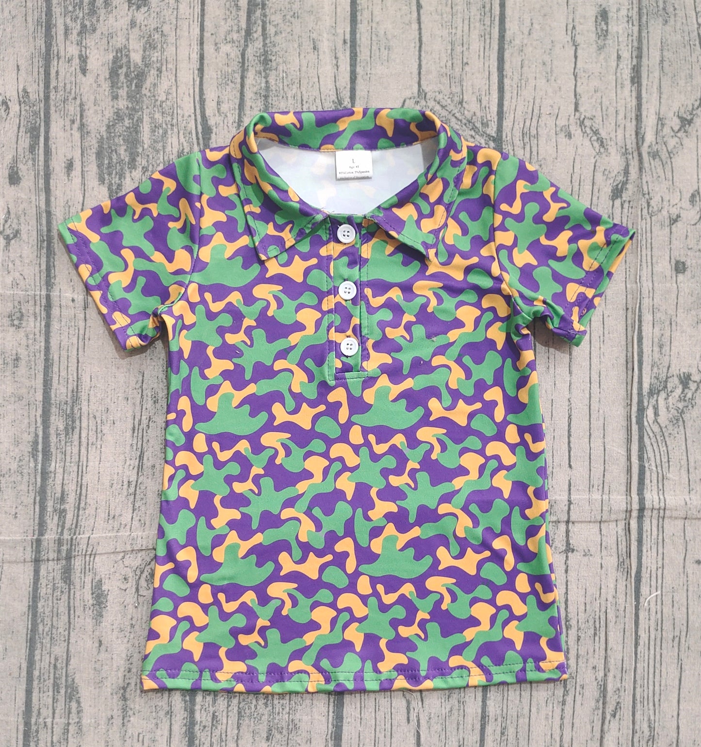 ( No moq ) Preorder Baby Boys Kids Short Sleeves Camo Buttons Mardi Gras Shirt Tops
