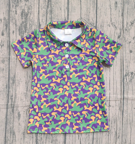 ( No moq ) Preorder Baby Boys Kids Short Sleeves Camo Buttons Mardi Gras Shirt Tops