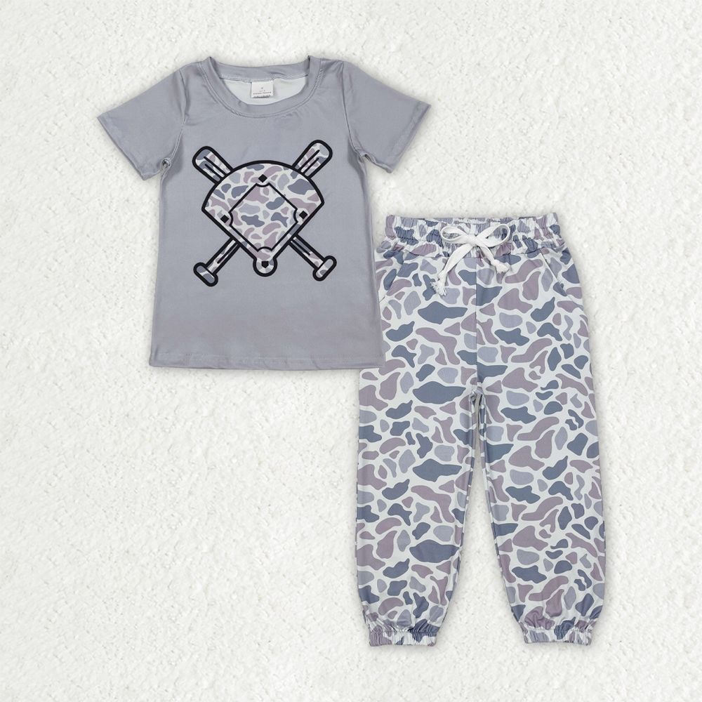 Baby Boys Kids Short Sleeves Baseball Shirt Pockets Joggers Grey Camo Pants Set RTS