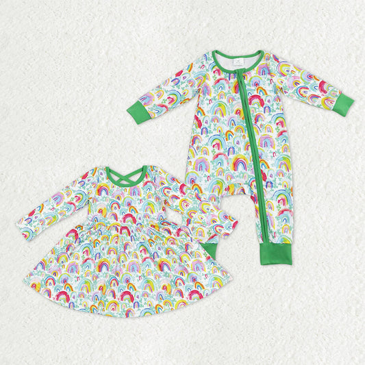 Sibling Baby Girls Long Sleeves Rainbows Green Zipper Romper Knee Length Dress RTS