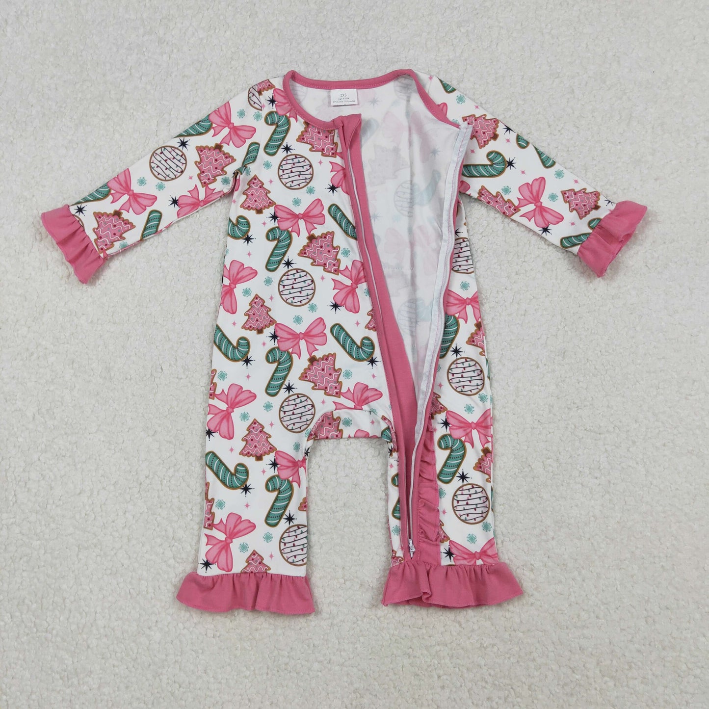 Baby Girl Long Sleeves Candy Cane Pink Bows Tree Christmas Zipper Romper RTS