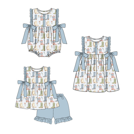 ( Moq 5 Each Style ) Sibling Baby Girls Kids Sleeveless Boots Bows Romper Dress Set