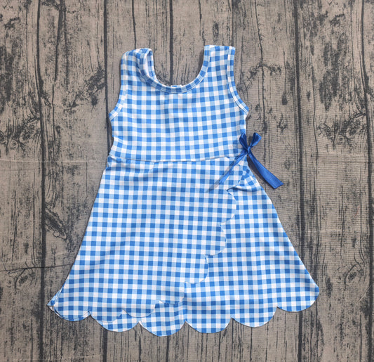 ( No moq ) Preorder Baby Girls Kids Sleeveless Blue Plaid Scallop Yoga Knee Length Dress