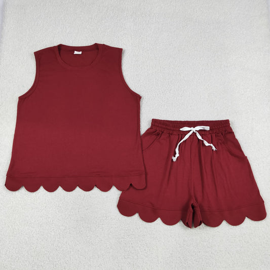 Adult Women Sleeveless Dark Red Scallop Shirt Shorts Clothes Cotton Set RTS