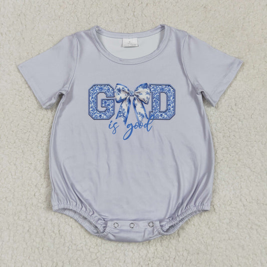 Baby Girl Infant God Is Good Bow Grey Bubble Romper RTS