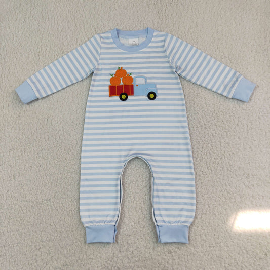 Baby Boy Infant Embroidery Pumpkins Truck Stripes Romper Fall Clothes RTS