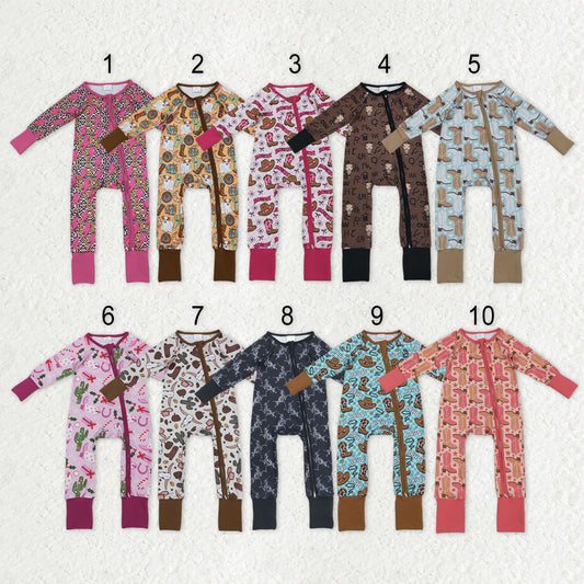 Sibling Baby Boys Girls Kids Western Boots Cows Two-way Zipper Footie Sleeper Rompers RTS