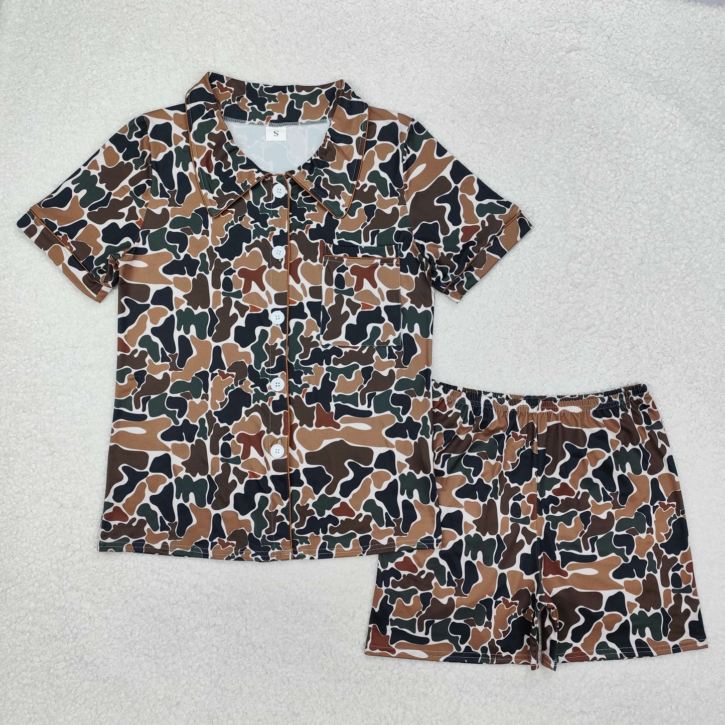 Adult Women Short Sleeves Duck Brown Camo Buttons Tops Shorts Pajamas Set