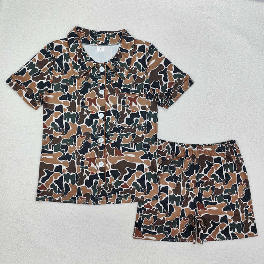 Adult Women Short Sleeves Duck Brown Camo Buttons Tops Shorts Pajamas Set