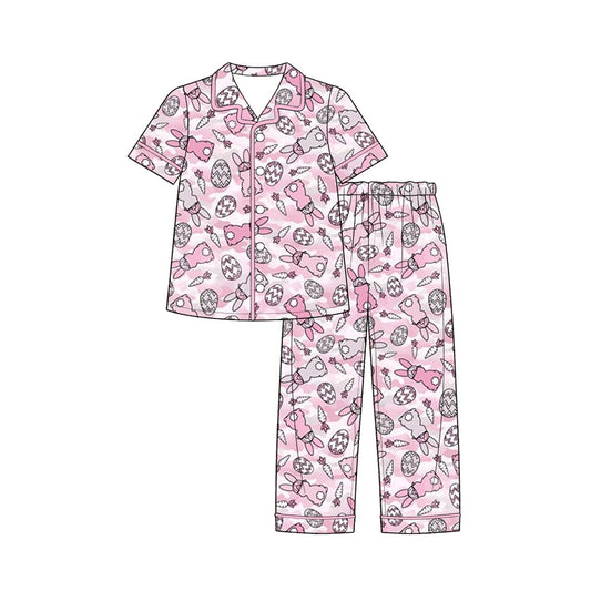 ( Moq 5 ) Preorder Baby Girls Kids Eggs Buttons Camo Shirt Pants Easter Pajamas Set Clothes