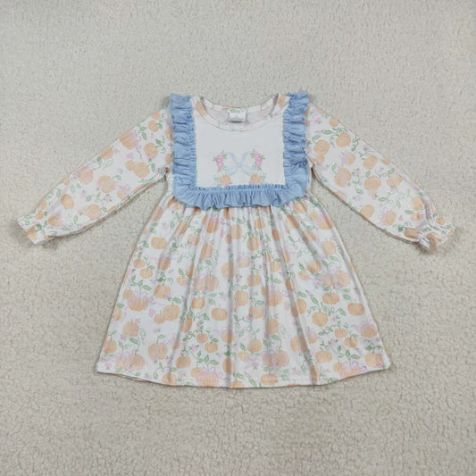 Baby Girl Long Sleeves Blue Ruffle Pumpkin Bows Knee Length Dress RTS