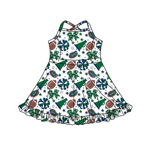 ( Moq 5 ) Baby Girls Toddler Straps Green Bows Cheer Football Shorts Ruffle Dress Team Clothes