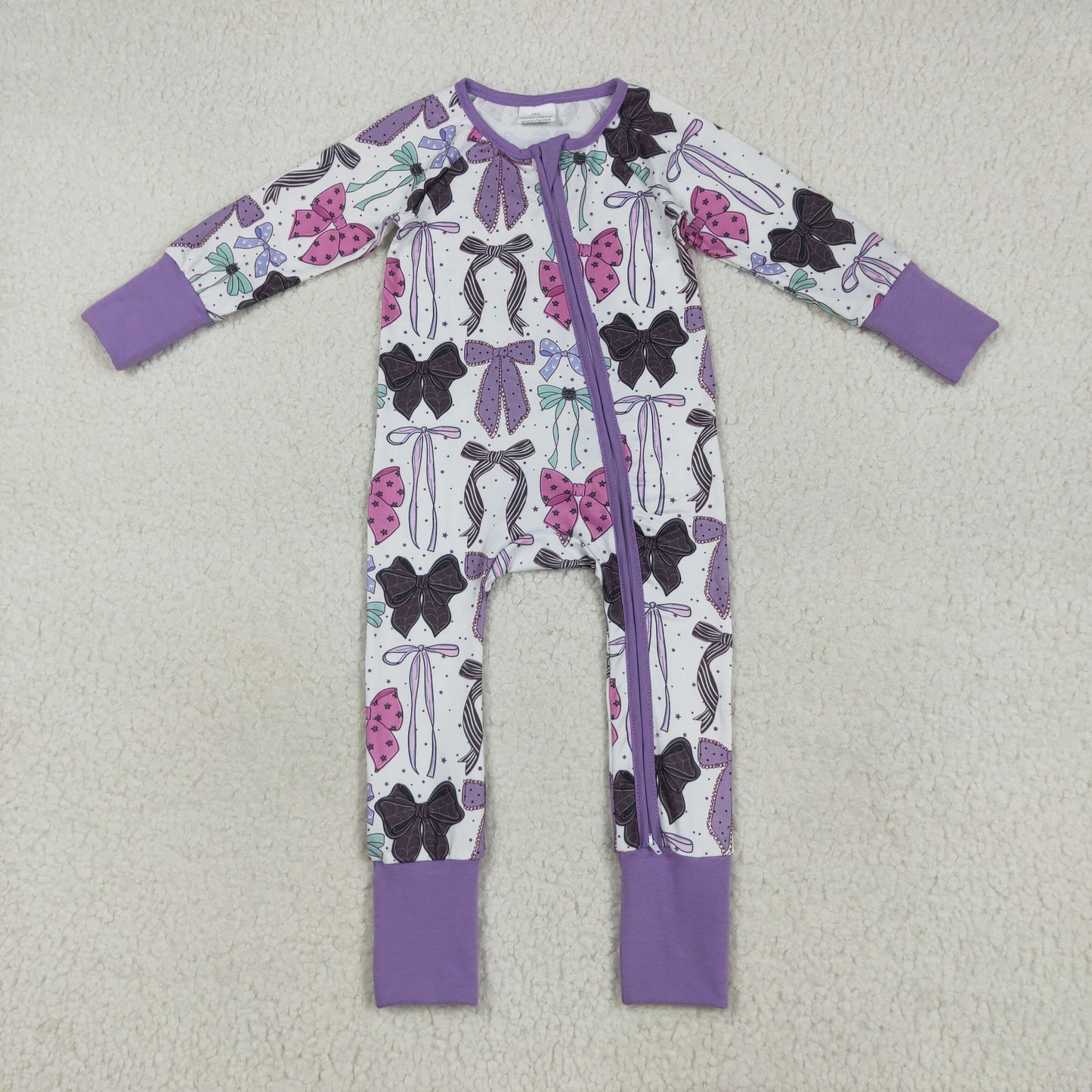 Baby Girl Long Sleeves Halloween Bows Purple Zipper Romper RTS