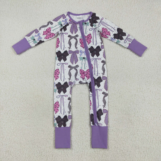 Baby Girl Long Sleeves Halloween Bows Purple Zipper Romper RTS