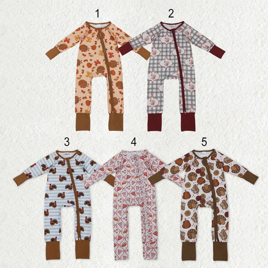 Sibling Baby Boys Girls Kids Thanksgiving turkey Pumpkins Pies Two-way Zipper Footie Sleeper Rompers RTS