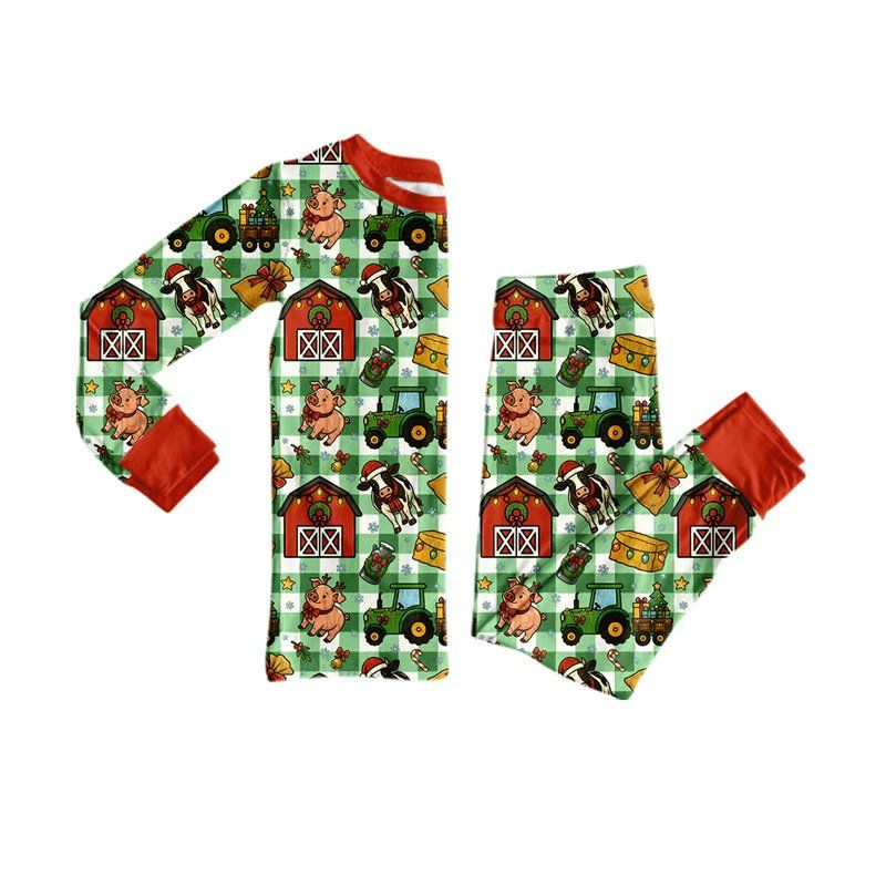 ( Moq 5 ) Preorder Baby Boys Kids Tractors Farm Plaid Shirt Pants Pajamas Set Christmas Clothes