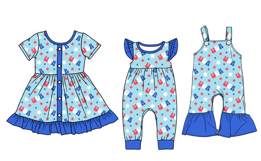 ( Moq 5 Each Style ) Baby Girls Kids USA Stars Sibling 4th of July Romper Dress Jumpsuit