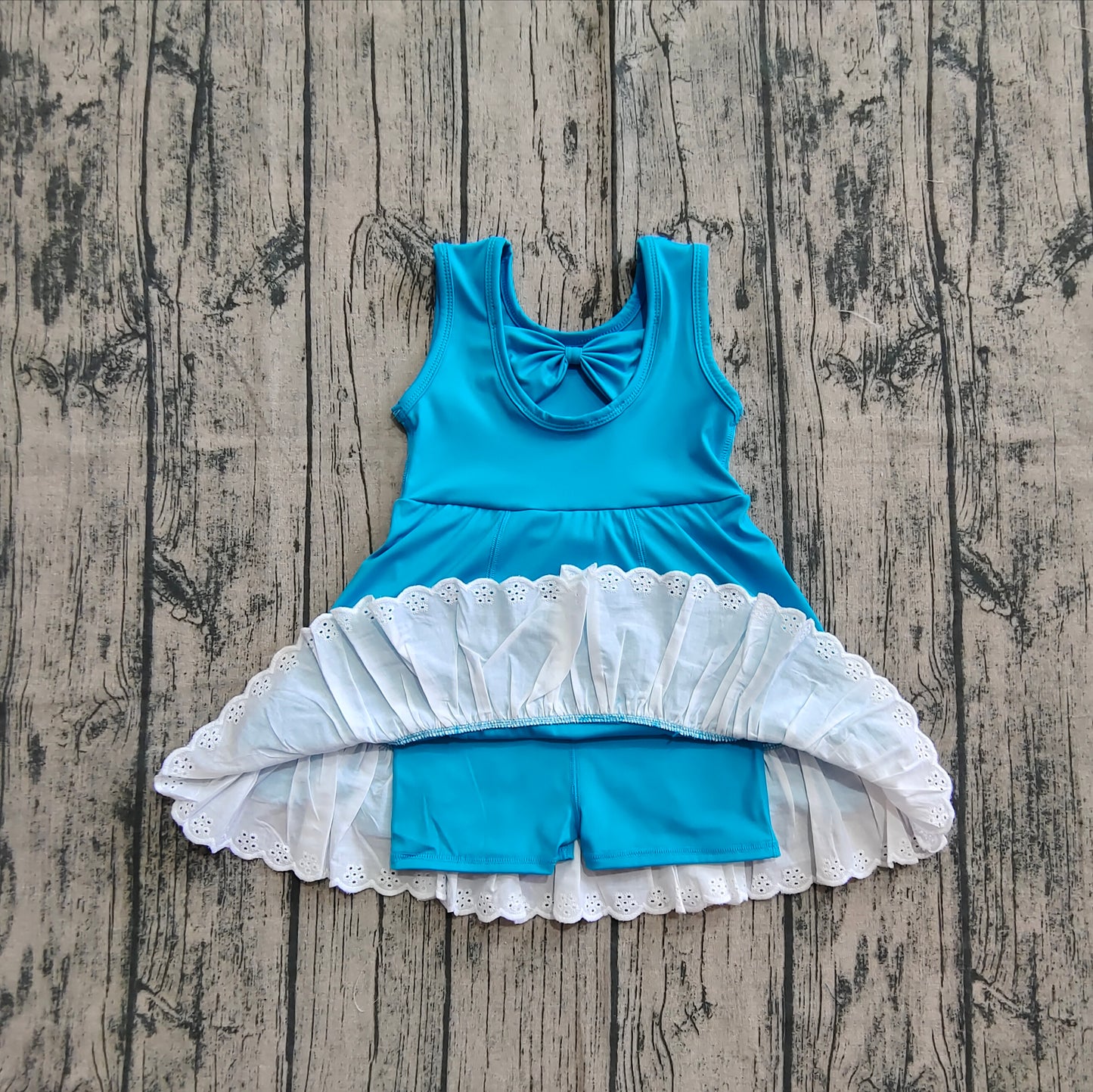 Preorder Baby Girl Sleeveless Yoga Active Lace Ruffle Blue Knee Length Dress( No moq )