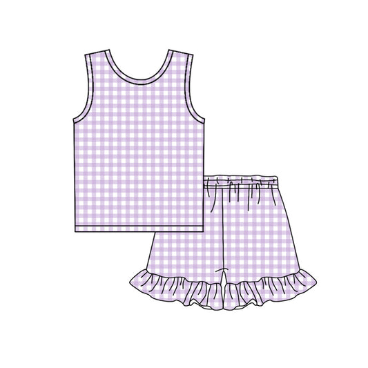 ( Moq 5 ) Preorder Baby Girls Kids Sleeveless Purple Plaid Tops Ruffle Shorts Set Summer Clothes