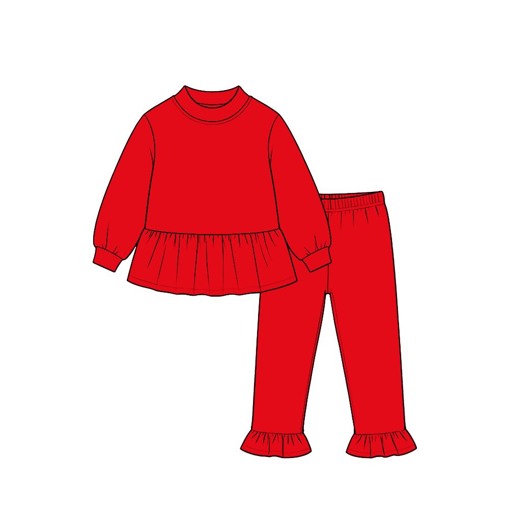 ( Moq 5 ) Preorder Baby Girls Kids Long Sleeves Ruffle Tops Pants Red Set Cotton Clothes