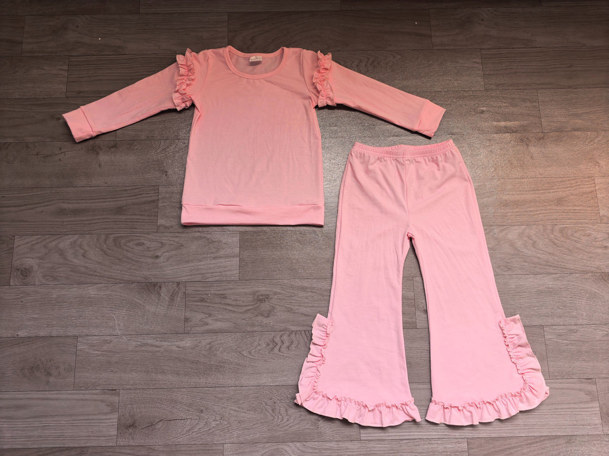 ( No moq ) Preorder Baby Girls Kids Long Sleeves Shirt Bows Ruffle Pants Cotton Set Pink Clothes