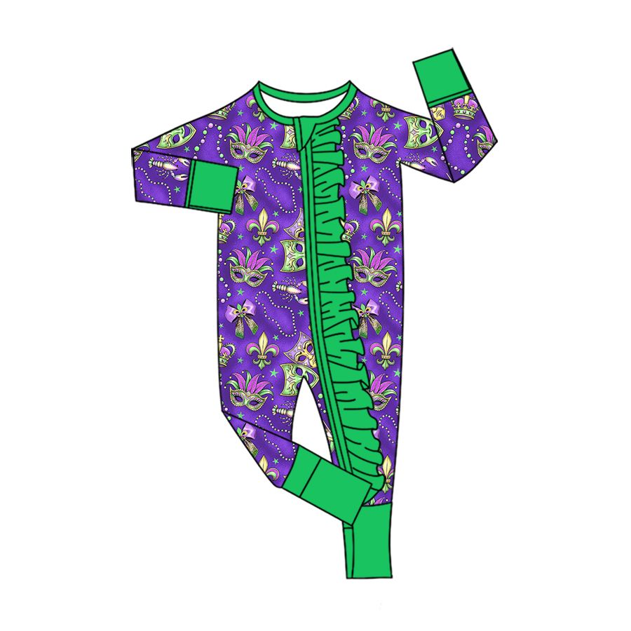 ( Moq 5 ) Preorder Baby Girls Kids Masks Bows Mardi Gras Zipper Footie Sleeper Romper Clothes