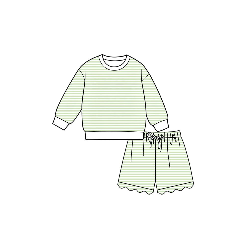 ( Moq 5 ) Preorder Baby Girls Kids Long Sleeves Green Stripes Shirt Scallop Shorts Set Yoga Active Clothes