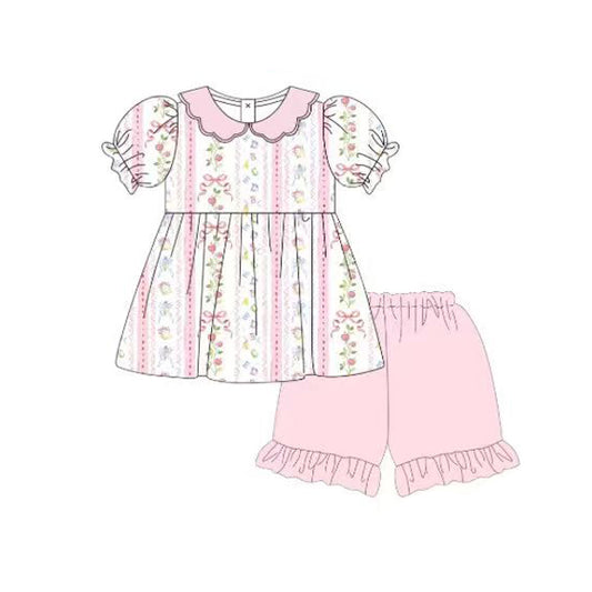 ( Moq 5 ) Preorder Baby Girls Kids Short Sleeves Flower Bows Tops Pink Shorts Set Summer Clothes